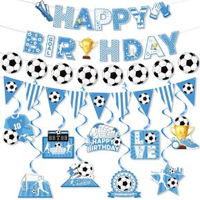 Blue Soccer Birthday Party Decorations for Boys Men Soccer Happy Birthday Banner Soccer Ball Garland Bunting Banner Sign and 9pcs Soccer Hanging Swirl Decor for Kids Adult Sports Theme Party Supplies