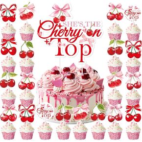 Cherry Baby Shower Decorations - 25 Pcs Pink and Red Sweet Cherries Bow Cake Cupcake Toppers On Top Dessert Decor Set Summer Fruit Themed Party Supplies for Girls Gender Reveal