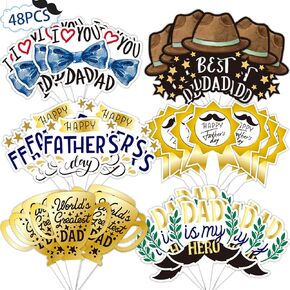 Father's Day Cupcake Toppers 48pcs Happy Fathers Day Cake Toppers I Love My Dad Best Dad Cupcake Picks with Beard Tie Signs for Father's Day Party Cupcake Decorations