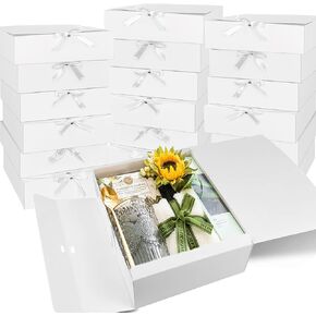 KEEPARTY 24PCS White Gift Box with Lid with Ribbon 10.6x7.8x3.1 Foldable Gift Box for Showcase Wedding Birthday Party Christmas Graduation Ceremony