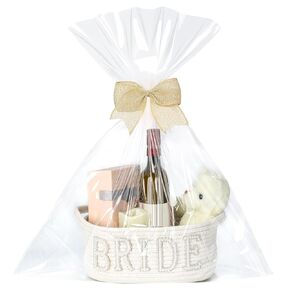 Geelin Bride Gift Basket with Cellophane Wrap Set Bride Gear with Bow Pearl Stickers 12 x 8 x 5'' Woven Basket with Handles for Bridal Shower Gifts Wedding Bachelorette Bride Gifts
