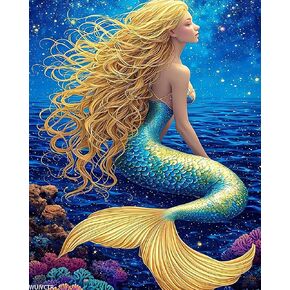 Paint by Numbers for Adults Star Mermaid, Acrylic Paint by Numbers for Adults Beginner, Paint by Numbers Kit on Canvas, DIY Adult Paint by Number Kits Paintbrushes and Acrylic Painting 16x20 inch
