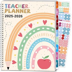 Teacher Planner 2025-2026 With Stickers, 10 Sections Lesson Plan Book, 8.5"x 11" Academic Year Calendar Weekly & Monthly Organizer, Homeschool Planner With Pocket Folder, Page Tabs(Pencil & Apple)
