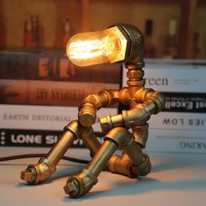 Steampunk Table lamp dimmable,Edison Light, Industrial Retro Desk lamp Unique Pipe Robot Light,Iron Table Lighting, Cool Gifts for Office, Bedroom, Living Room,Art Decor,Free 2 Edison Bulbs
