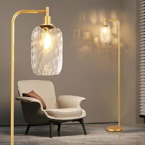 67" Gold Modern Floor Lamp with Water Wave Glass Shade, Crystal Clear Textured Standing Lamp for Living Room Bedroom, 2700K Bulb & Foot Switch Included