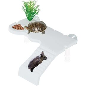 Turtle Basking Platform with Feeding Area – Reinforced Basking Platform for Aquatic Turtles with 2 Strong Suction Cups and Dual Support Base, Suitable for Small and Medium-Sized Turtles