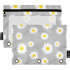Gredecor Binder Pencil Pouch 3 Ring Beautiful Daisy Flower Zipper Pencil Pouches Case 2 Pack Grey Clear Binder Organizer for School Office
