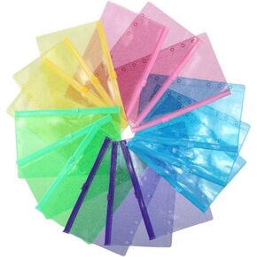 15pcs Glitter A6 Binder Pockets 6-Holes Binder Pouches Pills Files منظم ، مظاريف نقدية الموثق مع Zipper