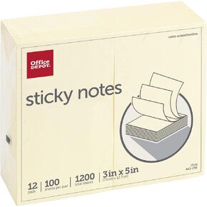 Office Depot(R) Self-Stick Notes, 3in. x 5in., 100 Sheets Per Pad, Yellow, Pack of 12