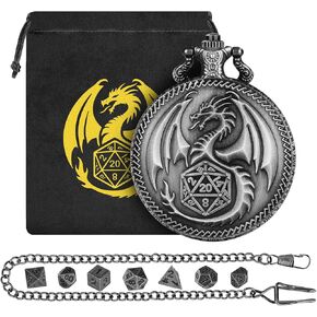 Mini DND DICE مع حالة مراقبة الجيب من Steampunk Dragon ، و DNED Metal D & D صغير المكون من 7 قطع ، و DND GIFTS مع حقيبة هدايا لشعار Dragon ، وملحقات ألعاب لعب الأدوار ، والفضة ، الفضة