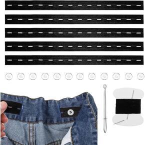 6 Pcs Jeans Button Tightener Pants Adjuster Waist Tightener, Elastic Waist Clip for Pants Women Men and Children Include 12 Buttons, 1 Sewing Kit &1 Thread Hook (Black)