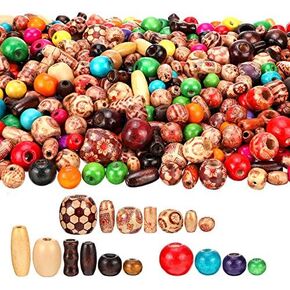 Gejoy 800 Pcs Wooden Beads Set, Include 400 Pcs Printed Wooden Loose Wood Beads, 200 Pieces Assorted Natural and 200 Pieces Rainbow Color Wood Small Jewelry for Jewelry Making DIY