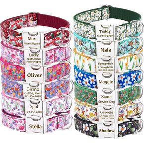 Personalized Dog Collar with Pet Name/Phone Number/Address Engraved on Metal Buckle, Multiple Colors, Optional Matching Leash and Bowtie (B Flower)