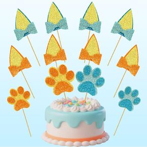 LOLSTAR 12 PCS الكعك الأزرق الكلب القبعات ، برتقالي وأزرق عيد ميلاد الحفلات كب كيك أعلى ، Glitter Dog Pattern Pattern Cake Topper Decorations for Girls Boys Baby Shower Cake Cake Party Supplies Supplies
