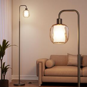 Glass Floor Lamp for Living Room, Modern Standing Lamp with Ceramic & Amber Ribbed Glass Lampshade, Foot Pedal Switch, 65" Tall Standing Lamp for Bedroom Study Room, 9W LED Bulb Included