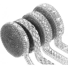 4 Pcs Rhinestone Stickers Self Adhesive Silver Ribbon 4 Styles Crystal Rhinestone Diamond Roll Bling Ribbon Glitter Resin Diamond Belt Tape Trim Car Sticker Gem Sticker Diy Phone Case Car Party Decora