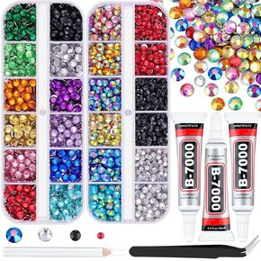 24000Pcs Resin Rhinestones with Tweezers for Crafting, Mixed-Color 3mm Bedazzling Crystal with 3Pcs 10ml B7000 Jewelry Glue for DIY Crafts Clothing Tumblers Shoes Fabric Nail Art