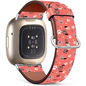 Compatible with Fitbit Sense 2 / Sense / Versa 4 / Versa 3 Patterned Leather Replacement Band (Cats And Dogs Paws On Living Coral Orange)