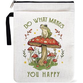 Do What Makes You Happy Inspirational Book Sleeve for Book Lovers, Bookish Group Club Gifts for Women, Funny Frog Mushroom Book Cover with Zipper and Front Pocket for paperbacks 9 x 12 Inch