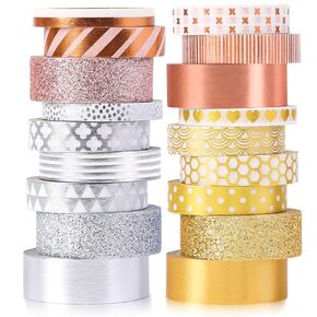 AEBORN Glitter Foil Washi Tape - 18 Rolls Pink Gold Silver Decorative Tapes, 6mm/10mm/15mm Thin Masking Tape Set for Bullet Journal, Scrapbook, Christmas DIY Crafts, Birthday Gift Packaging