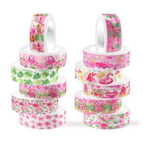 12 Rolls of Pink Flamingo Washi Tape, Summer Decorative Tape, Masking Tape for Note Taking Supplies, Scrapbooking, DIY Crafts, Gift Wrap