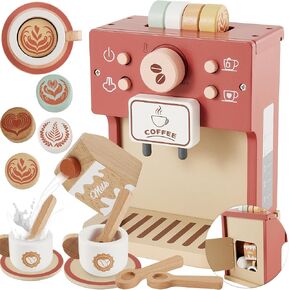 Buyger Pretend Play Wooden Coffee Maker Toy for Ages 3 4 5 Year Olds Kids Coffee Machine Play Kitchen Accessories Playset Gifts for Kids Girls Boys Children