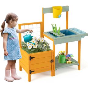 Costzon Mud Kitchen ، Kids Potting Potting Petting مع سرير حديقة ونافذة شفافة ، تعريشة ، Kids Kitch Kitchen Playset w/Sink ، Faucet ، Whord Storage ، ألعاب البستنة ، مطبخ اللعب في الهواء الطلق للفتيان الذين تتراوح أعمارهم بين 3+.
