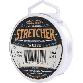 JewelrySupply Stretcher Beading Cord – Multi-Fiber Stretchy Jewelry Bead Cord – White Color, 0.7mm Diameter, 25 Meter Spool – Jewelry Making Cord for Creating Necklaces, Bracelets, and DIY Crafts