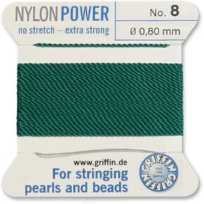 Griffin Bead Cord Nylon Medium Green #8 - Griffin NylonPower with Stainless Steel Needle Attached – for Knotting Pearls, Gemstones, Crystals and Beads