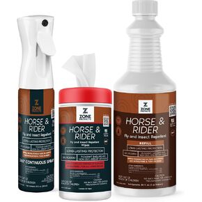 Horse & Rider Fly/Insect Repellent Starter Pack; Picaridin Based 10oz Continuous Spray, 32oz Refill, 80-Count Face/Ear Wipes
