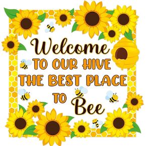 Bee Sunflower Bulletin Board Set Welcome to Our Hive Classroom Decorations Summer Bee Hive Flower Paper Cutouts Motivational Bulletin Board for Back to School Nursery Home Wall Door Decor Supplies