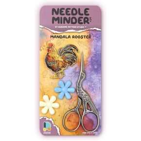 Awesome Pattern Studio Mandala Rooster Magnetic Needle Minder + 2 Needle Threaders + Crane Scissors - Multicolor, Modern Needlecraft Tool for Cross Stitch, Embroidery & Sewing
