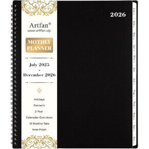 2026 Planner- JUL 2025 - DEC 2026, 2026 Monthly Planner, 2026 Calendar Planners with Thick Paper, 18-month with Tabs, Pocket, Label, 9" x 11", Calendar, Classic Black