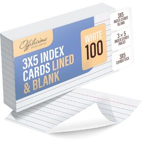 Ruled Index Cards 3x5 — Durable Blank Cards Bulk for Writing Recipes, Notes & Flash Cards for Studying — 100 No Bleed-Through White Double-Sided Notecards 3x5 Lined & Blank