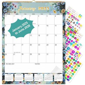 Gannyfer 2025 Wall Calendar, Large Wall Calendar 22"x17", 18 Monthly Hanging Calendar January 2025-June 2026, Yearly Planner Calendars with Plastic Cover, Thick Paper for Home School, or Office, Christmas Gifts for Women-Floral (6 Funny Stickers)