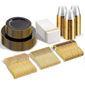 SUT 150 PCS مجموعة أدوات أواني مئات من الذهب البلاستيكي ، حزمة الحفلات الذهبية الصافية مع أكواب ، تشمل: 25 لوحات عشاء ، 25 لوحات حلوى ، 25 مائدة ، 25 كوب ، مثالية لحفل الزفاف والاستحمام