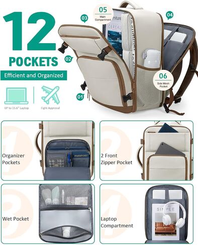 Travel Backpack For Women, Carry On Backpack for Men Flight Approved Airline Personal Item Travel Bag TSA Business 15.6 in Laptop Mochila, Travels Essentials Bookbag for Work Weekender Hiking (Beige) in Kuwait