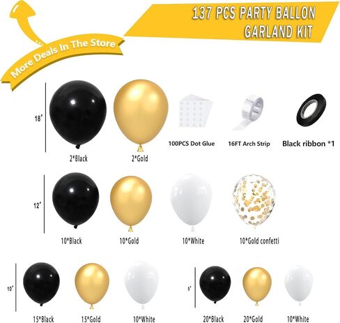 Black Gold Balloon Arch Kit ، 137 PCS Balloon Garland Kit Confetti Metalti مع شريط بالونات لحفل الزفاف ، عيد ميلاد ، التخرج ، رأس السنة الجديدة ، ديكور حفلات خاصة الأحداث in Kuwait