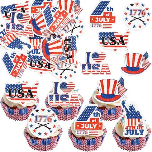 Ephlyn 54Pcs 4th of July Edible Cupcake Toppers American Flag Patriotic Cake Decorations Wafer Paper USA Independence Day for July 4th Party Supplies Blue Red White in Kuwait