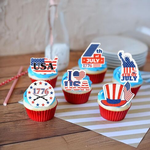 Ephlyn 54Pcs 4th of July Edible Cupcake Toppers American Flag Patriotic Cake Decorations Wafer Paper USA Independence Day for July 4th Party Supplies Blue Red White in Kuwait