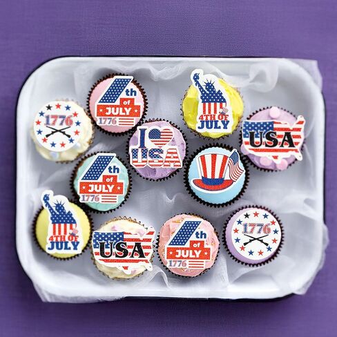 Ephlyn 54Pcs 4th of July Edible Cupcake Toppers American Flag Patriotic Cake Decorations Wafer Paper USA Independence Day for July 4th Party Supplies Blue Red White in Kuwait
