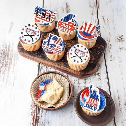 Ephlyn 54Pcs 4th of July Edible Cupcake Toppers American Flag Patriotic Cake Decorations Wafer Paper USA Independence Day for July 4th Party Supplies Blue Red White in Kuwait