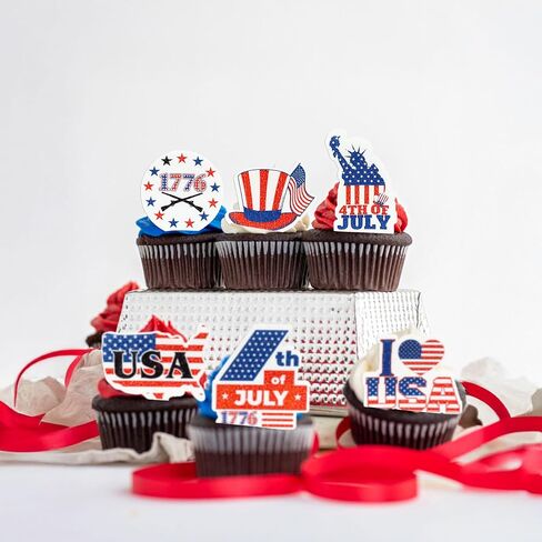 Ephlyn 54Pcs 4th of July Edible Cupcake Toppers American Flag Patriotic Cake Decorations Wafer Paper USA Independence Day for July 4th Party Supplies Blue Red White in Kuwait