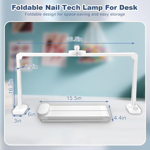 CGBE Foldable Nail Desk Lamp: 33.5" Nail Light for Desk with Phone Holder - 456 LED 3 Light Colors &10 Brightness Levels Nail Tech Lamp for Manicure/Lash Extension/Tattoo/Beauty (White) in Kuwait