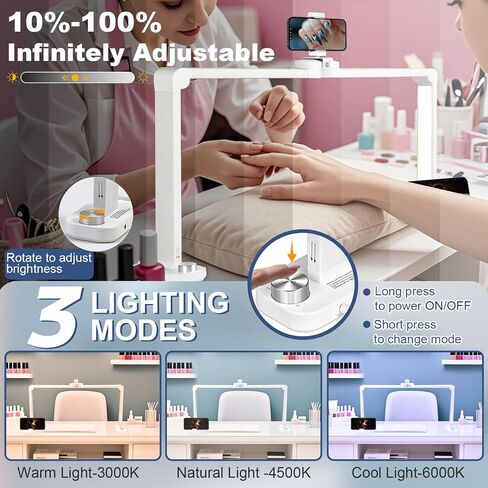 CGBE Foldable Nail Desk Lamp: 33.5" Nail Light for Desk with Phone Holder - 456 LED 3 Light Colors &10 Brightness Levels Nail Tech Lamp for Manicure/Lash Extension/Tattoo/Beauty (White) in Kuwait