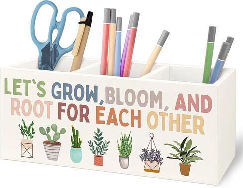 Boho Plant Classroom Wooden Pen Pencil Holder for Office Desk Accessories, Back to School Supplies for Students College Boys Girls Teachers First Day of School, Let's Root for Each Other in Kuwait