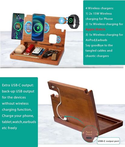 Nightstand Organizer Compatible with Apple Charging Station,Dual Wireless Charger Wood Phone Docking Station,Charge 2 Phones Airpods iWatch,Phone Charger Stand,Cologne Organizer for Men,Gifts for Dad in Kuwait