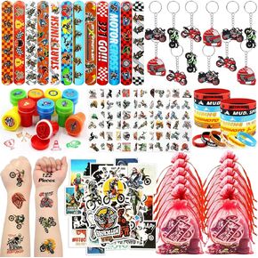 122Pcs Dirt Bike Party Favors for Kids - Motorcycle Birthday Party Decorations with Slap Bracelets, Keychains, Tattoos Stickers, Stamps & Gift Bags, DirtBike Birthday Goodie Bag Fillers for Boys