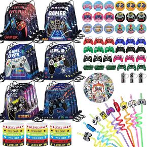 190Pcs Video Game Party Favors Birthday Party Decorations Supplies With Drawstring Bags Reusable Drinking Straws Bracelets Keychains Stickers Pins for Classroom Goodie Bags Stuffers Gamer Gift