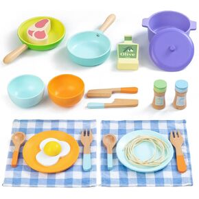 Kids Pretend Play Kitchen Accessories, Wooden Toddler Cooking Set 22 Pcs, Play Food for Kids Kitchen Playset with Pots and Pans, Preschool Learning Education Toys for Toddlers 3 4 5 Year Old